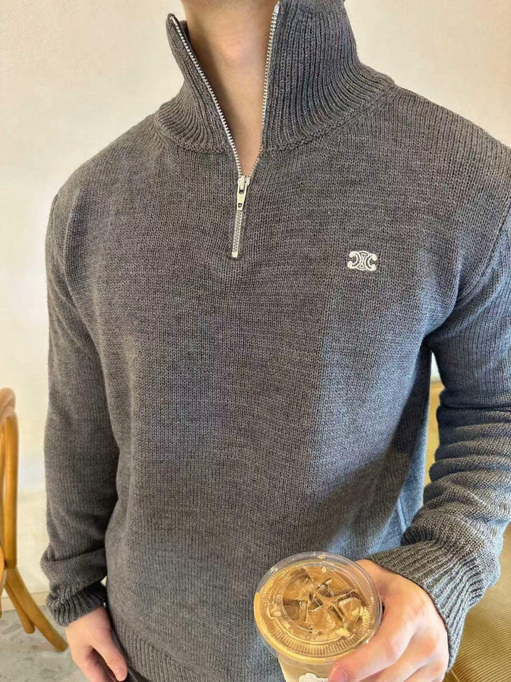 Celine Logo-Embroidered Wool &amp; Cashmere Blend Half Zip Grey